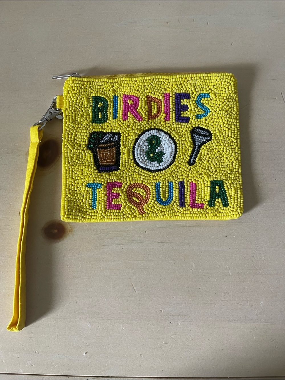 Viral Yellow Beaded 'Birdies & Tequila' Wristlet golf tee holder